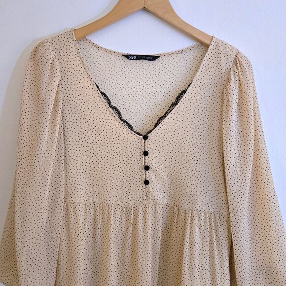 Zara Cream Black Polka Dot Tiered Babydoll Mini Dress Lace V-Neck Size S - Picture 4 of 9